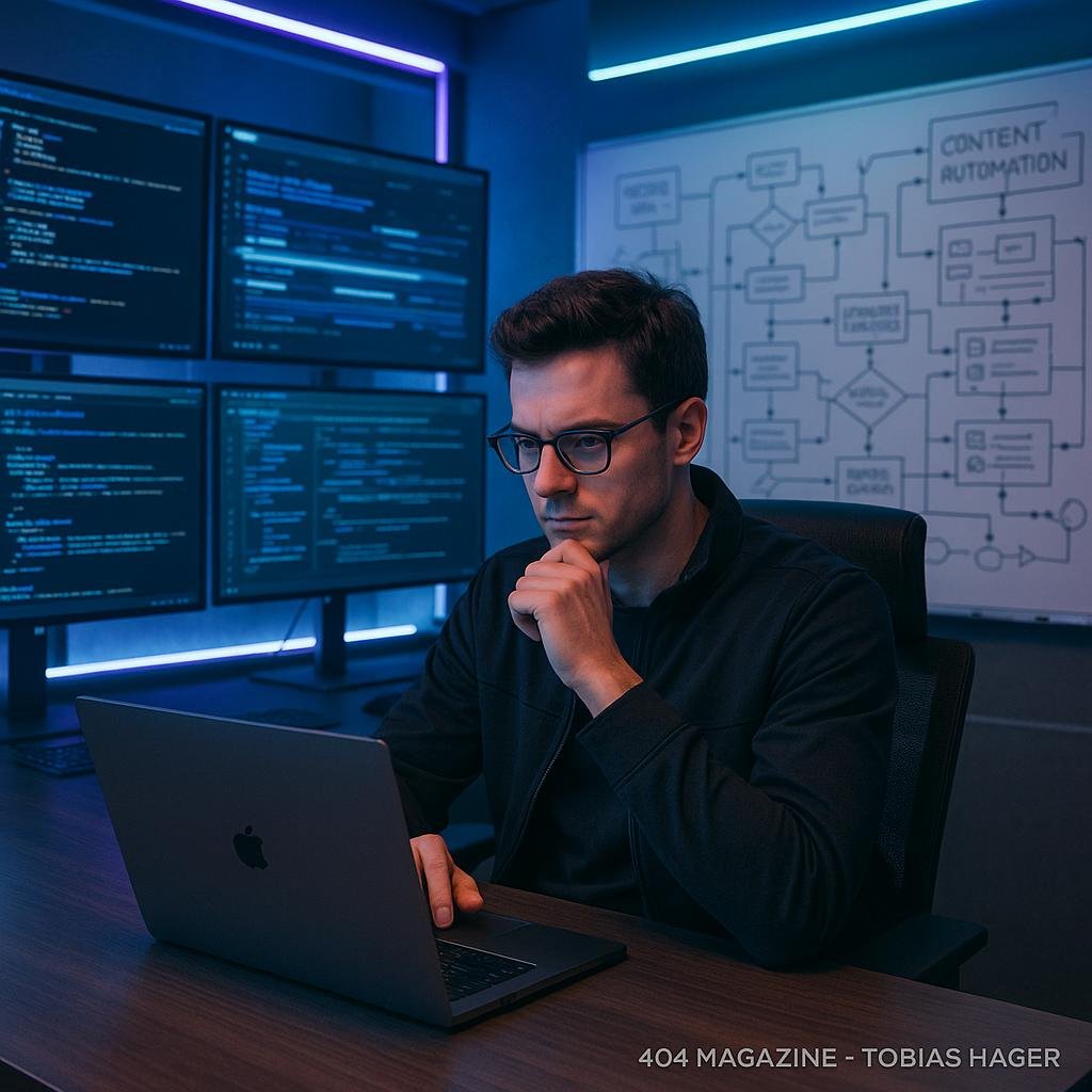 Futuristisches Arbeitszimmer mit mehreren Monitoren, Whiteboards mit Skizzen und eine Person mit stylischem Laptop, umgeben von leuchtenden LED-Lichtern und innovativer Technik.