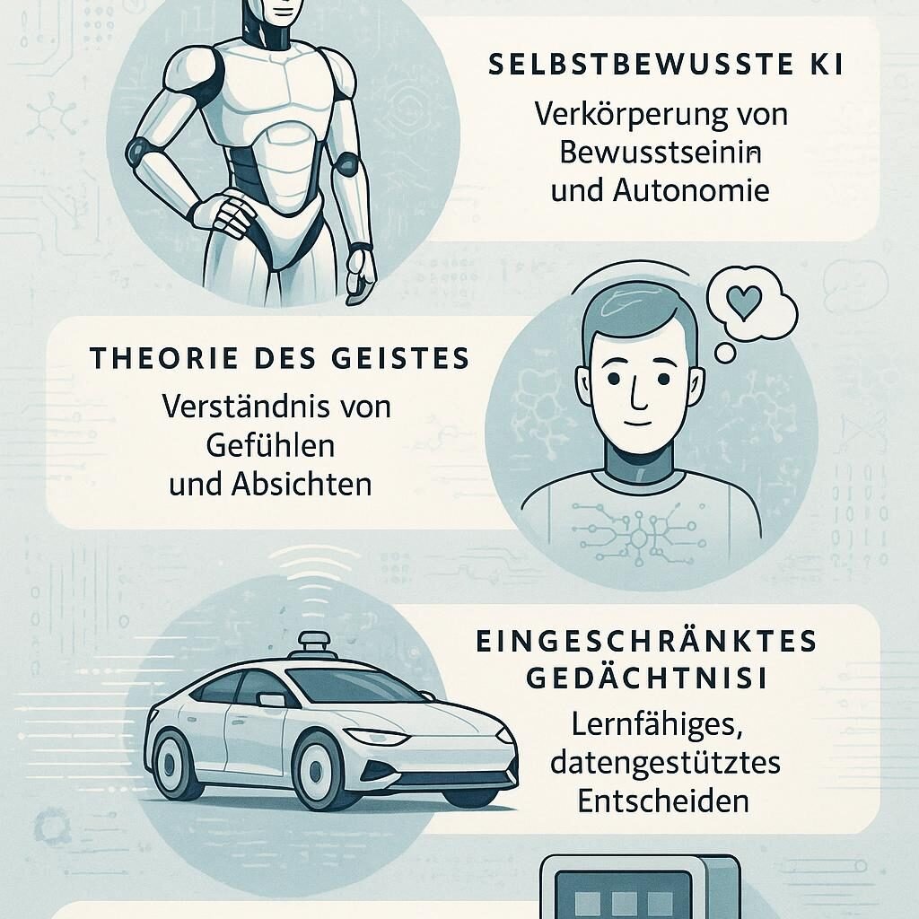 Infografik der vier Arten von Künstlicher Intelligenz: reaktive Maschinen, eingeschränktes Gedächtnis, Theorie des Geistes und Selbstbewusstsein, mit symbolischen Illustrationen und technologischen Elementen