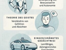 Infografik der vier Arten von Künstlicher Intelligenz: reaktive Maschinen, eingeschränktes Gedächtnis, Theorie des Geistes und Selbstbewusstsein, mit symbolischen Illustrationen und technologischen Elementen