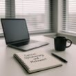Moderner Schreibtisch mit handgeschriebenem Notizbuch, Laptop, Stift und Kaffeetasse vor großen Fenstern mit horizontalen Rollos, Tageslicht fällt herein