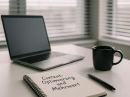 Moderner Schreibtisch mit handgeschriebenem Notizbuch, Laptop, Stift und Kaffeetasse vor großen Fenstern mit horizontalen Rollos, Tageslicht fällt herein