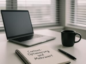 Moderner Schreibtisch mit handgeschriebenem Notizbuch, Laptop, Stift und Kaffeetasse vor großen Fenstern mit horizontalen Rollos, Tageslicht fällt herein