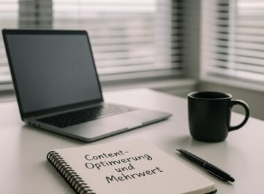 Moderner Schreibtisch mit handgeschriebenem Notizbuch, Laptop, Stift und Kaffeetasse vor großen Fenstern mit horizontalen Rollos, Tageslicht fällt herein