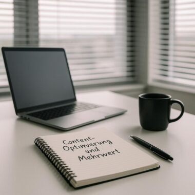 Moderner Schreibtisch mit handgeschriebenem Notizbuch, Laptop, Stift und Kaffeetasse vor großen Fenstern mit horizontalen Rollos, Tageslicht fällt herein