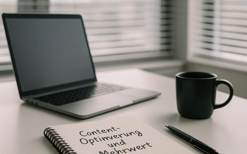 Moderner Schreibtisch mit handgeschriebenem Notizbuch, Laptop, Stift und Kaffeetasse vor großen Fenstern mit horizontalen Rollos, Tageslicht fällt herein