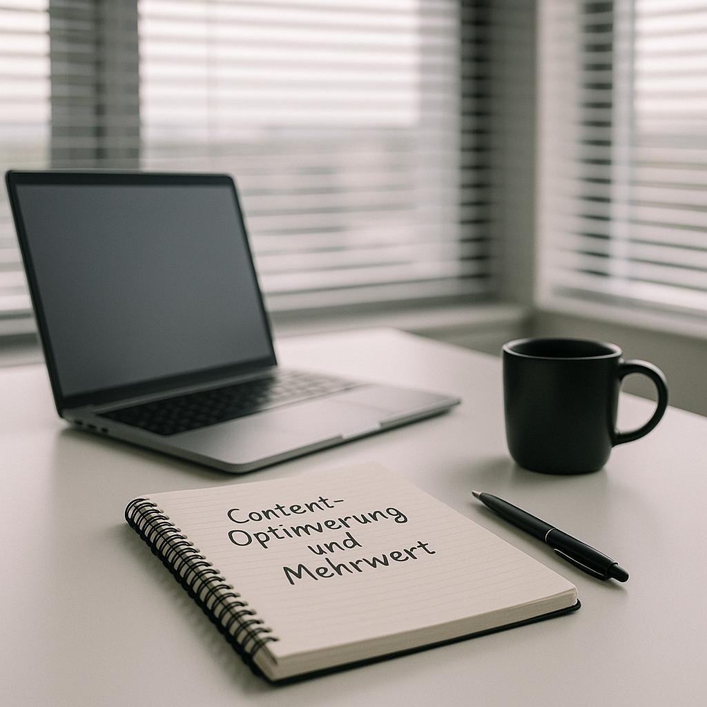 Moderner Schreibtisch mit handgeschriebenem Notizbuch, Laptop, Stift und Kaffeetasse vor großen Fenstern mit horizontalen Rollos, Tageslicht fällt herein