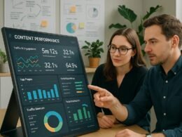 Zwei Fachleute analysieren Daten in einem modernen Büro mit großem Dashboard, Whiteboards und Pflanzen, das Effizienz und Teamarbeit ausstrahlt.