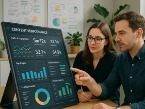 Zwei Fachleute analysieren Daten in einem modernen Büro mit großem Dashboard, Whiteboards und Pflanzen, das Effizienz und Teamarbeit ausstrahlt.