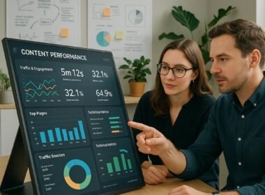 Zwei Fachleute analysieren Daten in einem modernen Büro mit großem Dashboard, Whiteboards und Pflanzen, das Effizienz und Teamarbeit ausstrahlt.