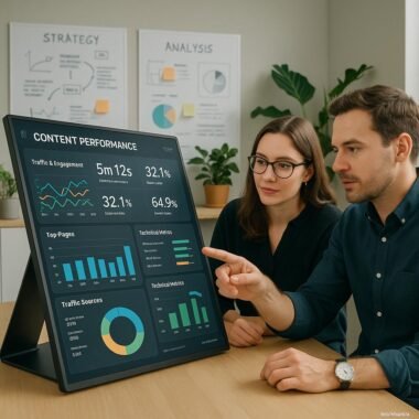 Zwei Fachleute analysieren Daten in einem modernen Büro mit großem Dashboard, Whiteboards und Pflanzen, das Effizienz und Teamarbeit ausstrahlt.