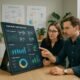Zwei Fachleute analysieren Daten in einem modernen Büro mit großem Dashboard, Whiteboards und Pflanzen, das Effizienz und Teamarbeit ausstrahlt.