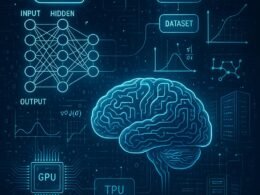 Detaillierte High-Tech-Darstellung von neuronalen Netzwerken, menschlichem Gehirn aus Metallkreisen, Datenströmen, Hardware wie GPU- und TPU-Chips, Serverracks und Cloud-Symbolen in einer futuristischen Umgebung.