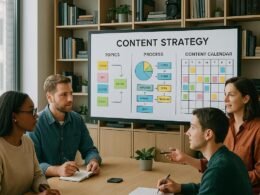 Modernes Büro mit digitalem Whiteboard, Fachleuten und orangener Content-Strategies visualisiert, im Hintergrund Bücherregale und Technik-Equipment, natürliches Licht sorgt für produktive Atmosphäre.