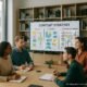 Modernes Büro mit digitalem Whiteboard, Fachleuten und orangener Content-Strategies visualisiert, im Hintergrund Bücherregale und Technik-Equipment, natürliches Licht sorgt für produktive Atmosphäre.