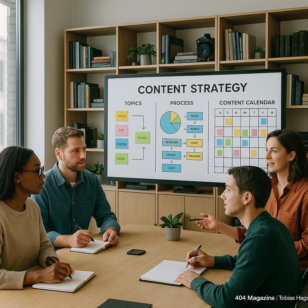 Modernes Büro mit digitalem Whiteboard, Fachleuten und orangener Content-Strategies visualisiert, im Hintergrund Bücherregale und Technik-Equipment, natürliches Licht sorgt für produktive Atmosphäre.
