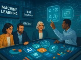 Moderne Büroatmosphäre mit digitalen Datenstreams, interaktiven Dashboards und holographischen Interfaces, die KI-Technologien im Marketing zeigen, Credit: 404 Magazine (Tobias Hager).