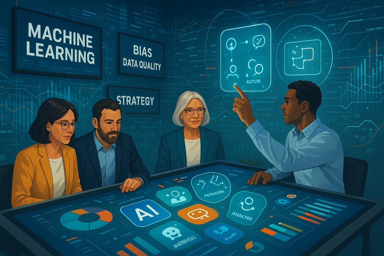 Moderne Büroatmosphäre mit digitalen Datenstreams, interaktiven Dashboards und holographischen Interfaces, die KI-Technologien im Marketing zeigen, Credit: 404 Magazine (Tobias Hager).