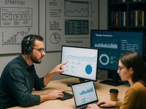 Zwei Fachleute arbeiten an einem großen, hell erleuchteten Tisch mit Laptops und Monitoren, im Hintergrund Whiteboards mit Skizzen und technische Grafiken, sowie Regale mit Büchern und Server-Logs.