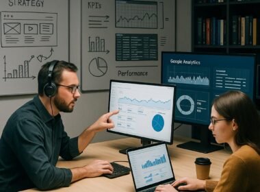 Zwei Fachleute arbeiten an einem großen, hell erleuchteten Tisch mit Laptops und Monitoren, im Hintergrund Whiteboards mit Skizzen und technische Grafiken, sowie Regale mit Büchern und Server-Logs.