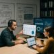 Zwei Fachleute arbeiten an einem großen, hell erleuchteten Tisch mit Laptops und Monitoren, im Hintergrund Whiteboards mit Skizzen und technische Grafiken, sowie Regale mit Büchern und Server-Logs.
