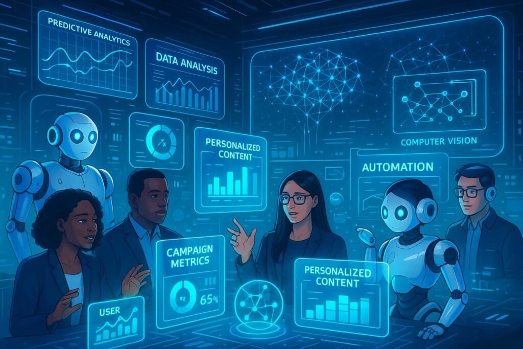 Futuristisches Digitalmarketing-Kontrollzentrum mit holographischen Datenvisualisierungen, KI-Assistenten und AR-Elementen von Tobias Hager, 404 Magazine