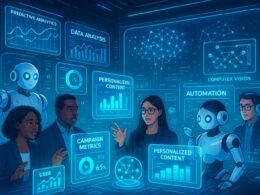 Futuristisches Digitalmarketing-Kontrollzentrum mit holographischen Datenvisualisierungen, KI-Assistenten und AR-Elementen von Tobias Hager, 404 Magazine