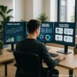 Creative Content-Manager an einem modernen Arbeitsplatz mit mehreren digitalen Bildschirmen, die Trend-Analysen, Keyword-Recherchen, Social-Media-Monitoring und KI-generierte Ideen anzeigen.