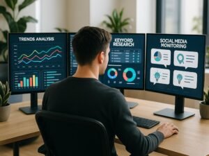 Creative Content-Manager an einem modernen Arbeitsplatz mit mehreren digitalen Bildschirmen, die Trend-Analysen, Keyword-Recherchen, Social-Media-Monitoring und KI-generierte Ideen anzeigen.