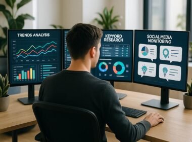 Creative Content-Manager an einem modernen Arbeitsplatz mit mehreren digitalen Bildschirmen, die Trend-Analysen, Keyword-Recherchen, Social-Media-Monitoring und KI-generierte Ideen anzeigen.