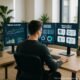 Creative Content-Manager an einem modernen Arbeitsplatz mit mehreren digitalen Bildschirmen, die Trend-Analysen, Keyword-Recherchen, Social-Media-Monitoring und KI-generierte Ideen anzeigen.