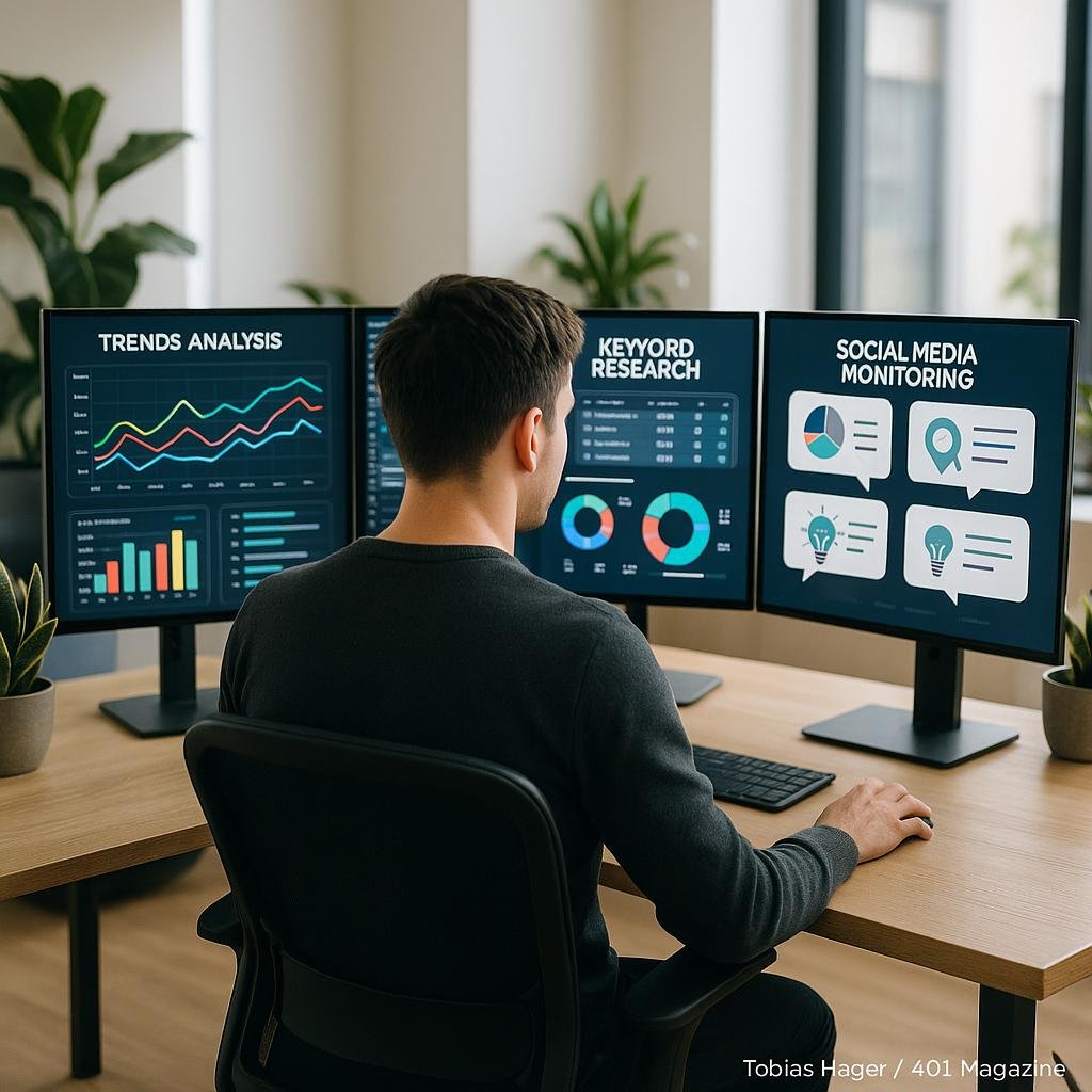 Creative Content-Manager an einem modernen Arbeitsplatz mit mehreren digitalen Bildschirmen, die Trend-Analysen, Keyword-Recherchen, Social-Media-Monitoring und KI-generierte Ideen anzeigen.