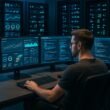 Entwickler vor mehreren Monitoren mit Dashboard-Analysen, Datenvisualisierungen und Server-Racks im Hintergrund in einem modernen, hochtechnisierten Raum