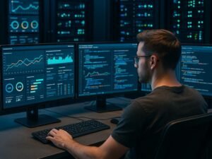 Entwickler vor mehreren Monitoren mit Dashboard-Analysen, Datenvisualisierungen und Server-Racks im Hintergrund in einem modernen, hochtechnisierten Raum