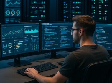 Entwickler vor mehreren Monitoren mit Dashboard-Analysen, Datenvisualisierungen und Server-Racks im Hintergrund in einem modernen, hochtechnisierten Raum