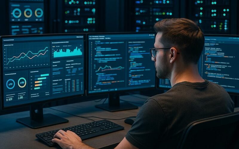 Entwickler vor mehreren Monitoren mit Dashboard-Analysen, Datenvisualisierungen und Server-Racks im Hintergrund in einem modernen, hochtechnisierten Raum