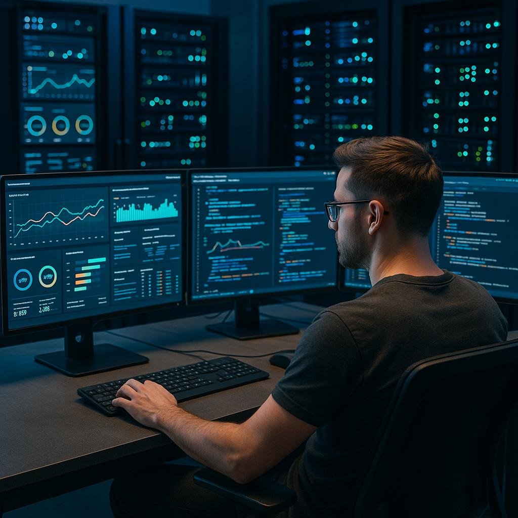 Entwickler vor mehreren Monitoren mit Dashboard-Analysen, Datenvisualisierungen und Server-Racks im Hintergrund in einem modernen, hochtechnisierten Raum