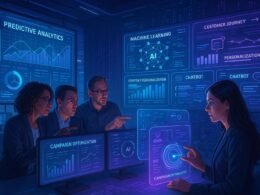 Hochmodernes Marketing-Kommandozentrum mit digitalen Oberflächen, Team von Fachleuten und holografischer Interaktion, betont Innovation und Automatisierung.