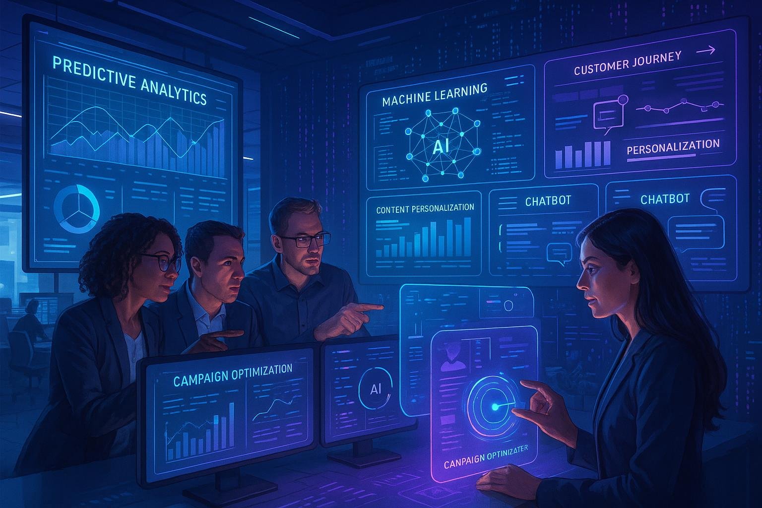 Hochmodernes Marketing-Kommandozentrum mit digitalen Oberflächen, Team von Fachleuten und holografischer Interaktion, betont Innovation und Automatisierung.