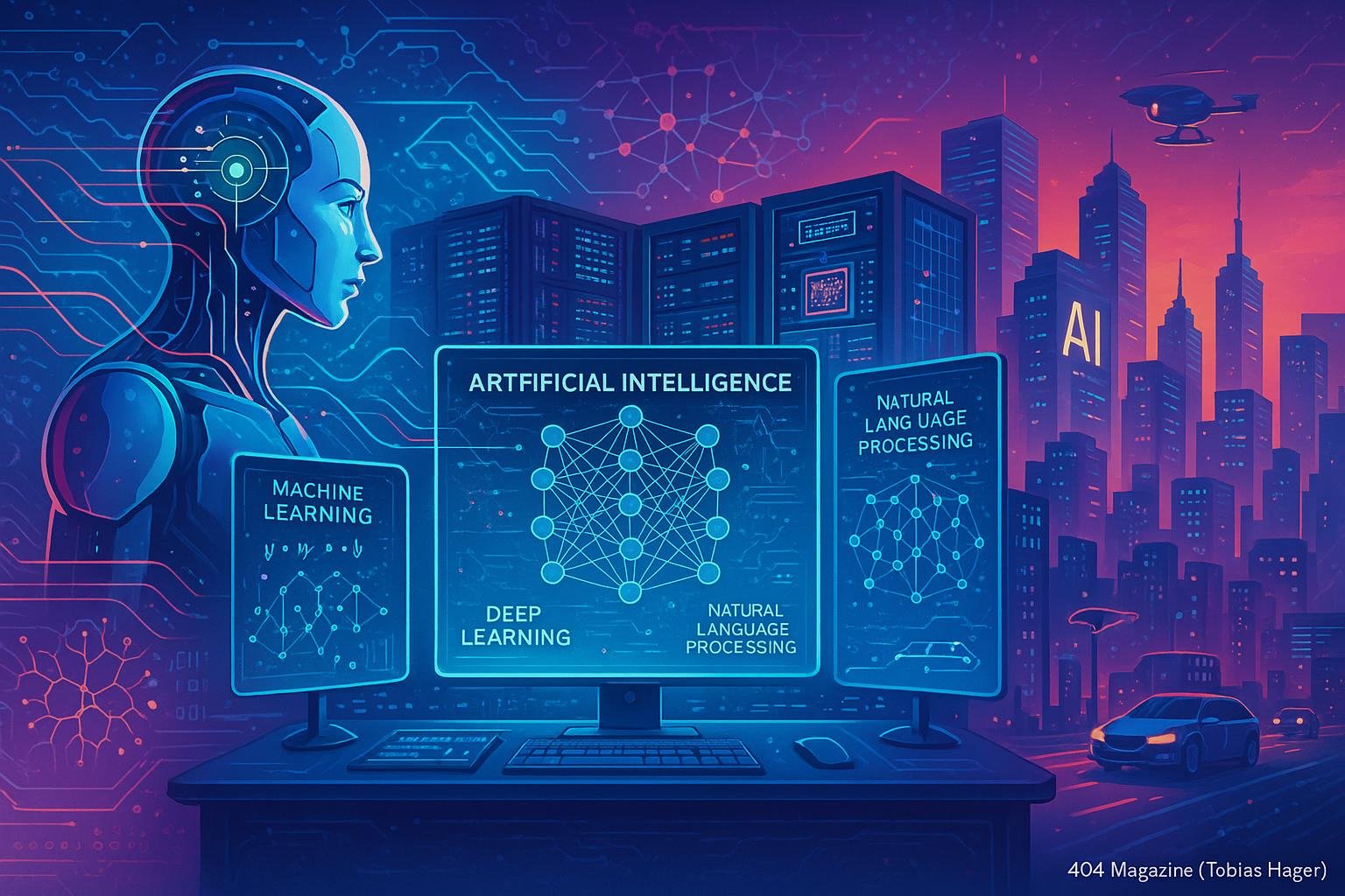Futuristische Szene mit Kontrollraum, humanoidem Roboter und KI-gesteuerter Stadt, die die Entwicklung der künstlichen Intelligenz zeigt