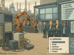 Industrieanlage in Deutschland mit veralteter Hardware, teilweiser KI-Implementierung und moderner Steuerungszentrale, verbunden mit Start-up- und Forschungselementen.