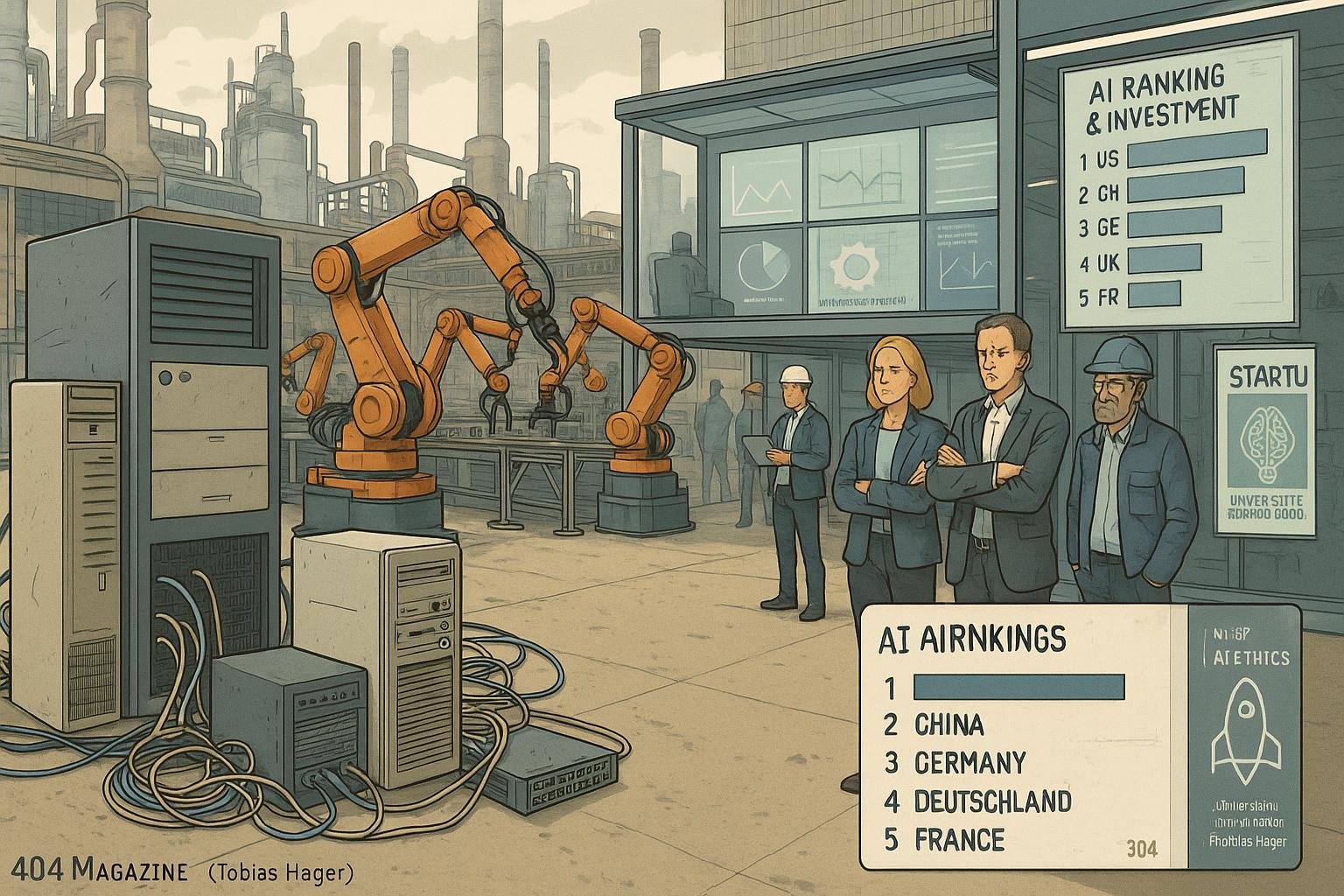 Industrieanlage in Deutschland mit veralteter Hardware, teilweiser KI-Implementierung und moderner Steuerungszentrale, verbunden mit Start-up- und Forschungselementen.