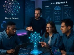 Modernes Büro mit digitalen Bildschirmen, holographischen KI-Modellen und einem Team von Fachleuten bei der Zusammenarbeit, hervorgehoben durch minimalistische Wandgestaltung und technologische Elemente.