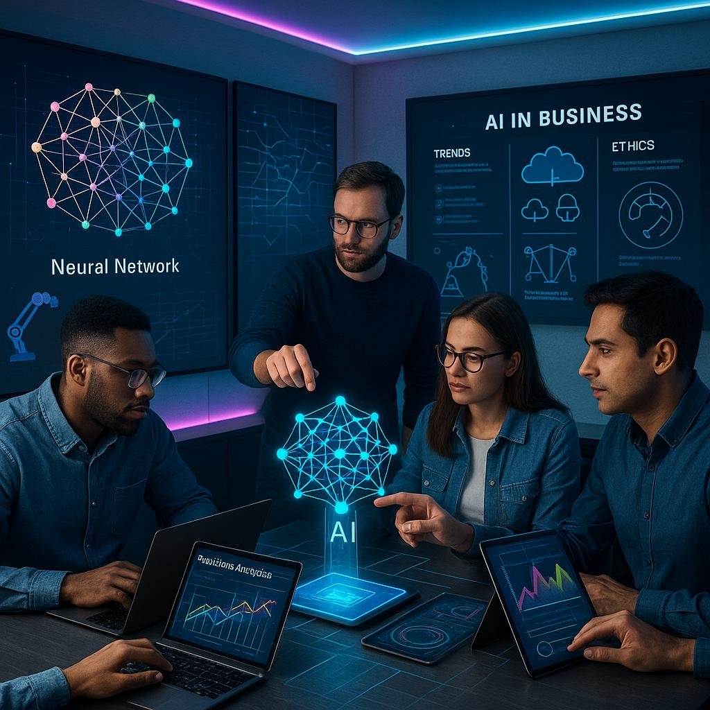 Modernes Büro mit digitalen Bildschirmen, holographischen KI-Modellen und einem Team von Fachleuten bei der Zusammenarbeit, hervorgehoben durch minimalistische Wandgestaltung und technologische Elemente.