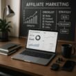 Moderner Arbeitsbereich mit Laptop, Notizbüchern, Kaffee und Technik-Gadgets für Affiliate-Marketing, hinter einer Tafel mit Strategien und Diagrammen – Credit: 404 Magazine (Tobias Hager)