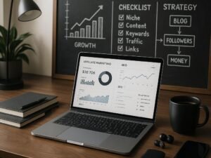 Moderner Arbeitsbereich mit Laptop, Notizbüchern, Kaffee und Technik-Gadgets für Affiliate-Marketing, hinter einer Tafel mit Strategien und Diagrammen – Credit: 404 Magazine (Tobias Hager)