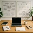 Moderner Arbeitsplatz für Content-Strategen mit Schreibtisch, Whiteboards, Pflanzen und Kaffee bei Tageslicht