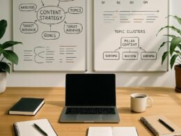 Moderner Arbeitsplatz für Content-Strategen mit Schreibtisch, Whiteboards, Pflanzen und Kaffee bei Tageslicht