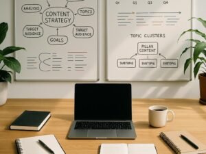 Moderner Arbeitsplatz für Content-Strategen mit Schreibtisch, Whiteboards, Pflanzen und Kaffee bei Tageslicht