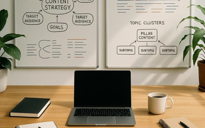 Moderner Arbeitsplatz für Content-Strategen mit Schreibtisch, Whiteboards, Pflanzen und Kaffee bei Tageslicht