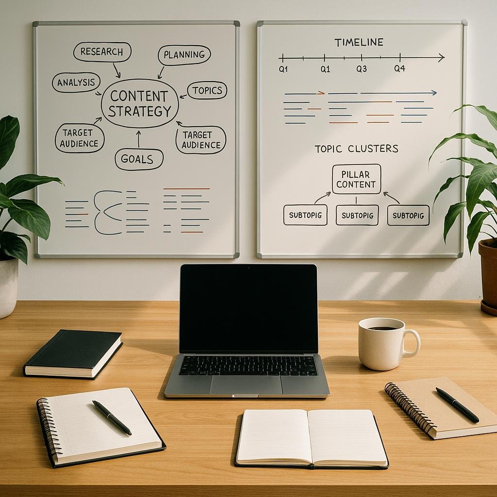 Moderner Arbeitsplatz für Content-Strategen mit Schreibtisch, Whiteboards, Pflanzen und Kaffee bei Tageslicht